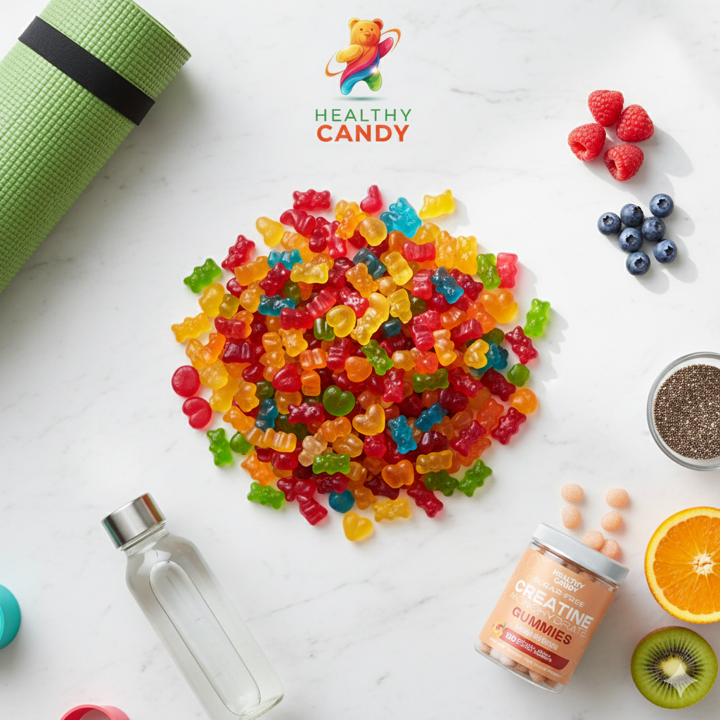 Colorful gummy bears on a white surface with 'Healthy Candy' branding, a bottle, and health-related items.