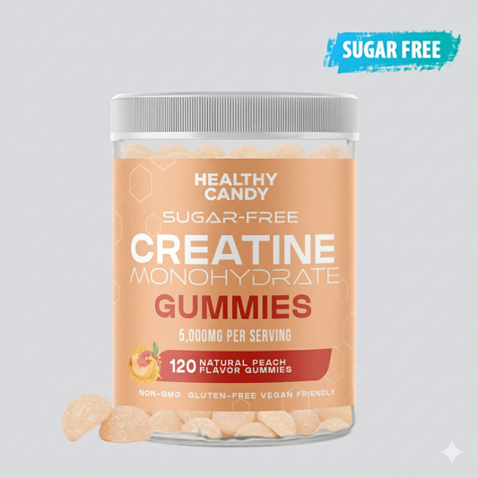 Jar of sugar-free creatine monohydrate gummies with peach flavor on a light gray background